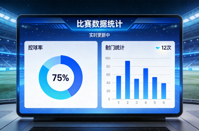 数据分析屏幕上展示控球率与射门统计的画面